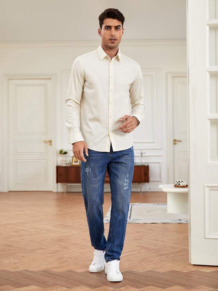 Manfinity NiteLyfe Men Solid Button Up Shirt - Beige - View 7