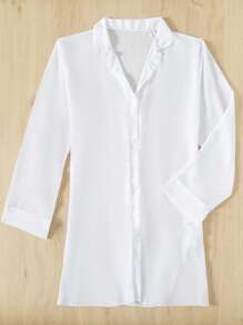 Calvaya Plus Solid Button Front Shirt - White - View 6
