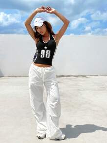 SHEIN EZwear 星星&字母圖案撞色滾邊掛脖上衣 - 黑色 - 查看 5