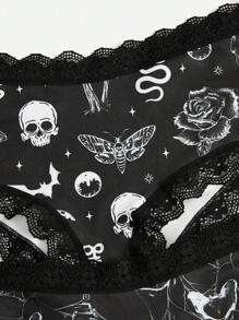 ROMWE Goth 3pack Skull Print Contrast Lace Panty Set - Black and White - View 4