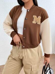 SHEIN EZwear Plus Letter Patched Colorblock Drop Shoulder Bomber Jacket - Khaki - View 3