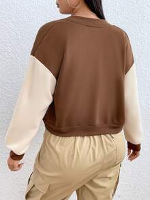 SHEIN EZwear Plus Letter Patched Colorblock Drop Shoulder Bomber Jacket - Khaki - View 2