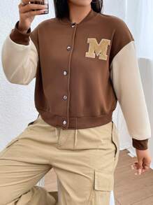 SHEIN EZwear Plus Letter Patched Colorblock Drop Shoulder Bomber Jacket - Khaki - View 1