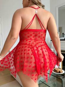 Talla grande Slips con estampado de corazón de malla con tanga
