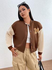 SHEIN EZwear Plus Letter Patched Colorblock Drop Shoulder Bomber Jacket - Khaki - View 4