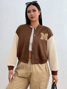 SHEIN EZwear Plus Letter Patched Colorblock Drop Shoulder Bomber Jacket - Khaki - View 5