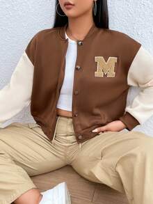 SHEIN EZwear Plus Letter Patched Colorblock Drop Shoulder Bomber Jacket - Khaki - View 6