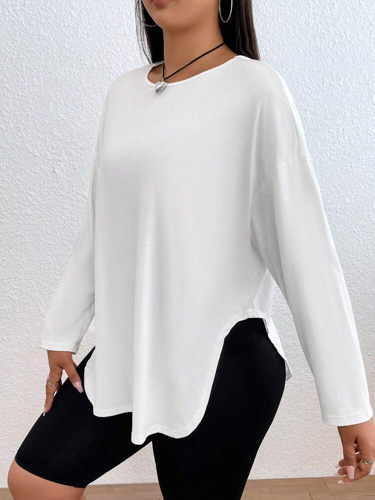 SHEIN EZwear מידות גדולות חלק חולצת טי סירה - לבן - ראה 3