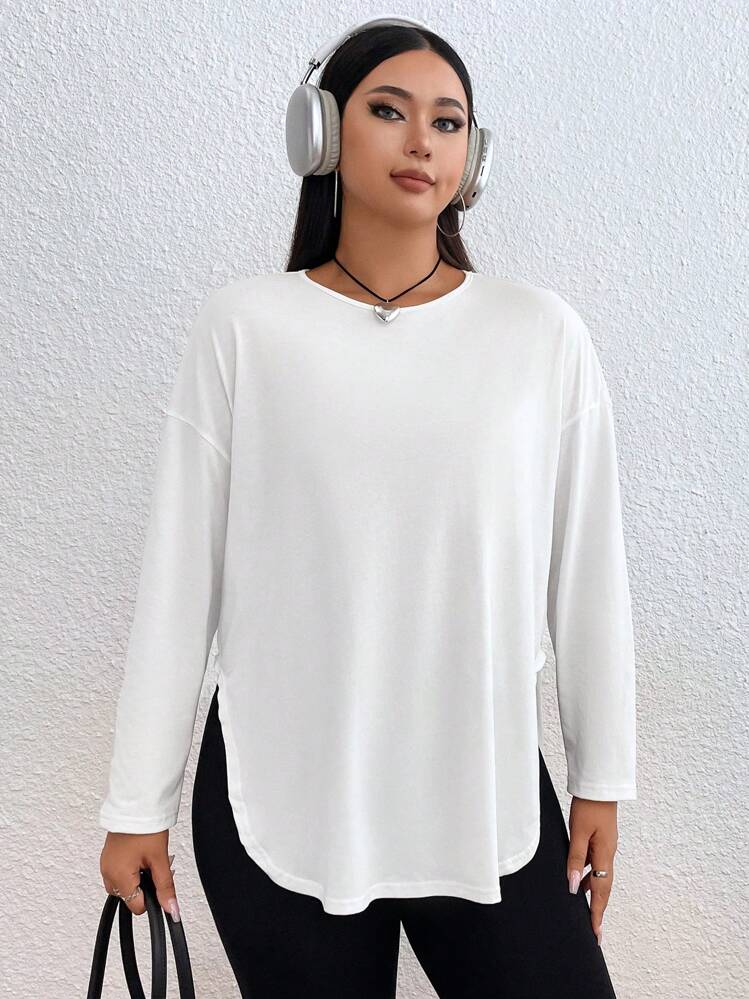 SHEIN EZwear מידות גדולות חלק חולצת טי סירה - לבן - ראה 5