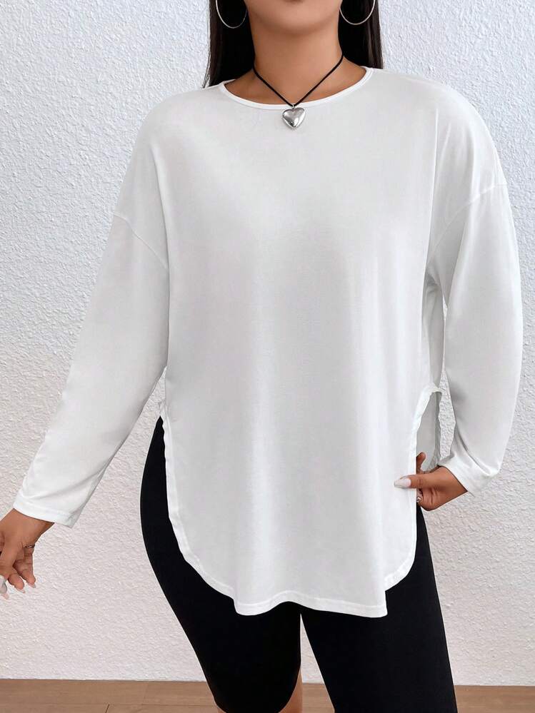 SHEIN EZwear מידות גדולות חלק חולצת טי סירה - לבן - ראה 6