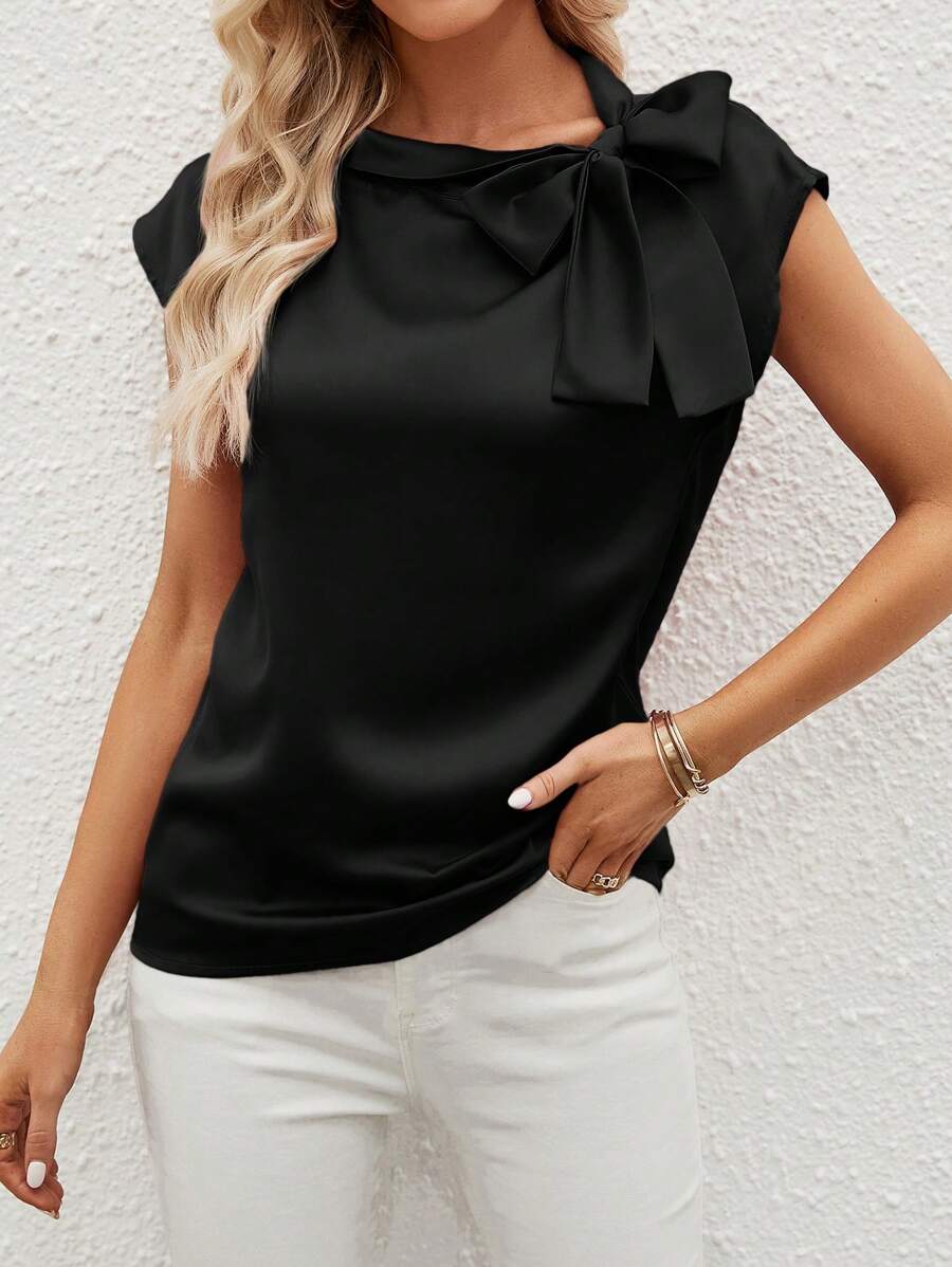 SHEIN Clasi Tie Neck Batwing Sleeve Satin Blouse - Black - View 1