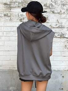 DAZY Letter Print Zip Up Sleeveless Sweatshirt - Grey - View 2