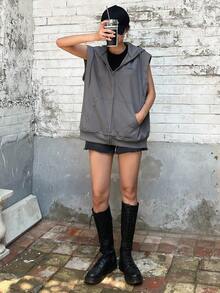 DAZY Letter Print Zip Up Sleeveless Sweatshirt - Grey - View 3
