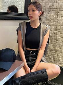 DAZY Letter Print Zip Up Sleeveless Sweatshirt - Grey - View 5