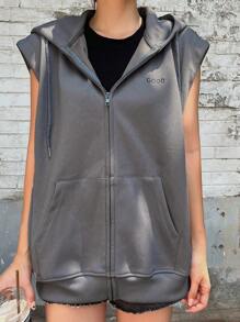 DAZY Letter Print Zip Up Sleeveless Sweatshirt - Grey - View 1