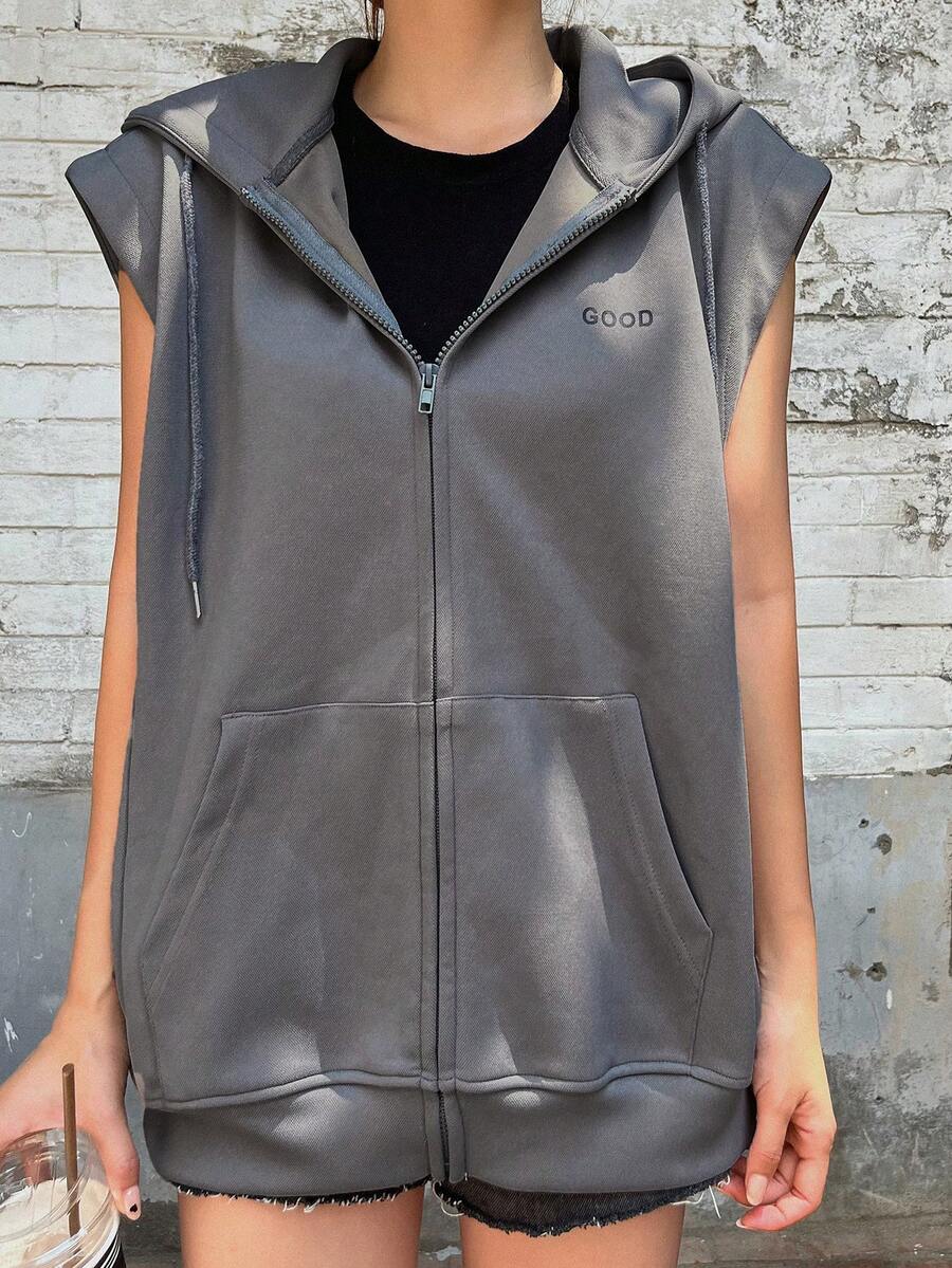 DAZY Letter Print Zip Up Sleeveless Sweatshirt - Grey - View 1