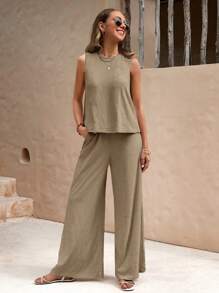 EMERY ROSE 素色背心上衣&闊腿褲 - 卡其色 - 查看 4