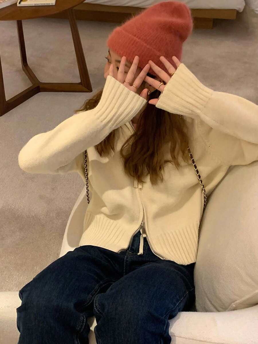 纯色拉链短款开衫、长袖上衣 - 米色 - 查看 1