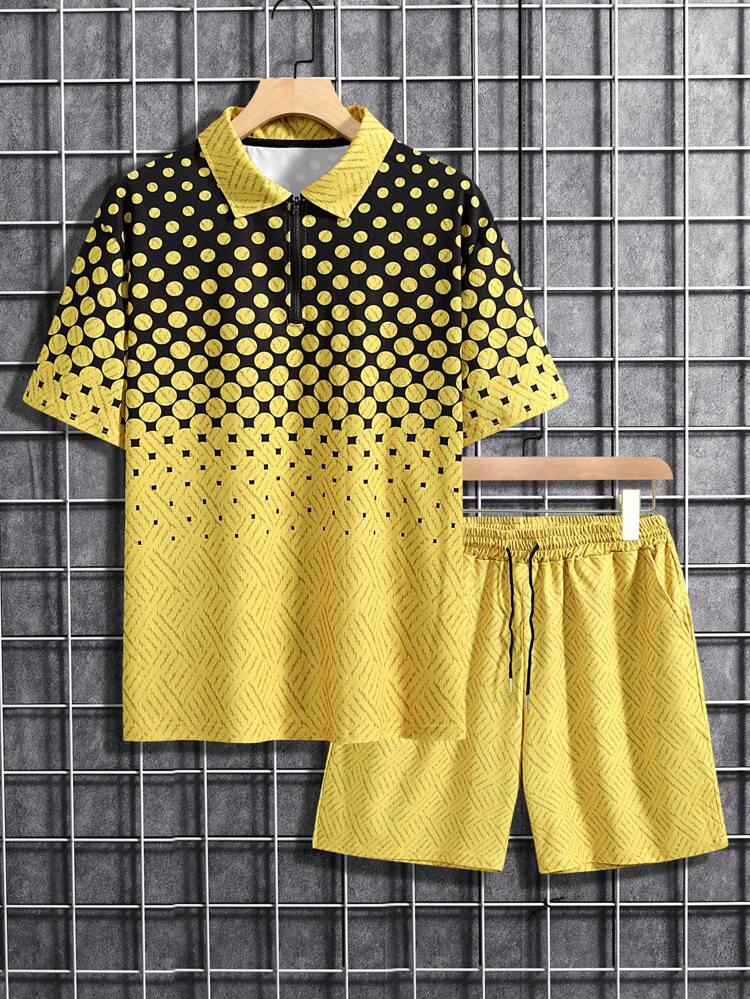 Men Plus Polka Dot Polo Shirt & Drawstring Waist Shorts