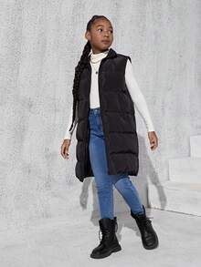 Tween Girl 拉链连帽背心夹棉外套 - 黑色 - 查看 3