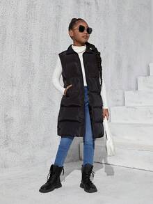 Tween Girl 拉链连帽背心夹棉外套 - 黑色 - 查看 4