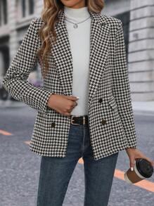 SHEIN Clasi Houndstooth Print Double Breasted Blazer - Coffee Brown - View 1