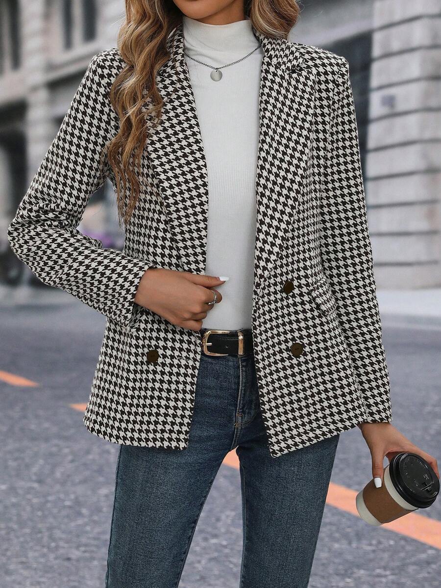 SHEIN Clasi Houndstooth Print Double Breasted Blazer - Coffee Brown - View 1