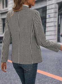 SHEIN Clasi Houndstooth Print Double Breasted Blazer - Coffee Brown - View 2