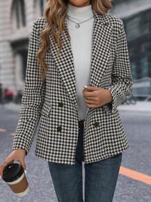 SHEIN Clasi Houndstooth Print Double Breasted Blazer - Coffee Brown - View 5