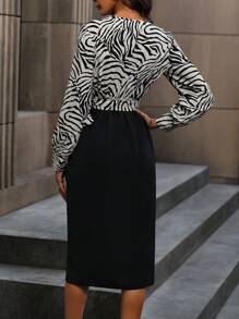 SHEIN LUNE 斑馬紋側打結圍裹式連衣裙 - 彩色 - 查看 3