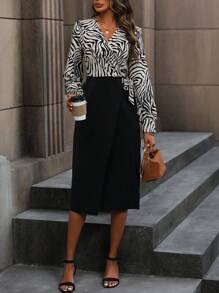 SHEIN LUNE 斑馬紋側打結圍裹式連衣裙 - 彩色 - 查看 4