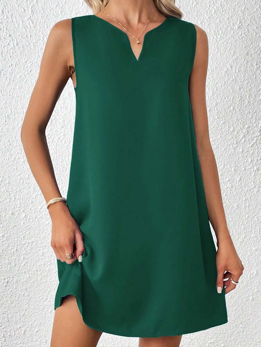 SHEIN Clasi Solid Notched Neckline Tank Dress - Dark Green - View 1