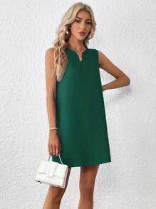 SHEIN Clasi Solid Notched Neckline Tank Dress - Dark Green - View 3