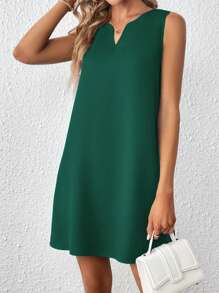 SHEIN Clasi Solid Notched Neckline Tank Dress - Dark Green - View 4