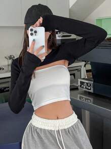 DAZY Solid Super Crop Top Without Tube Top - Black - View 5