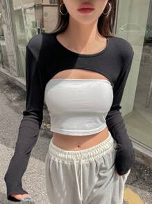 DAZY Solid Super Crop Top Without Tube Top - Black - View 6