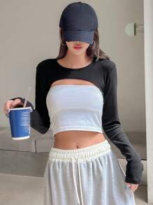 DAZY Solid Super Crop Top Without Tube Top - Black - View 7