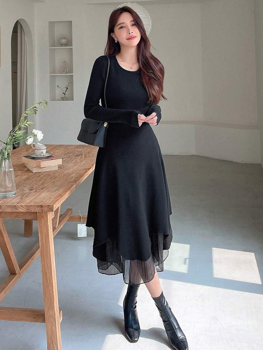 DAZY Chất rắn Lưới tương phản Đầm Áo len - màu đen - Xem 1