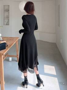 DAZY Chất rắn Lưới tương phản Đầm Áo len - màu đen - Xem 2