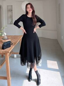 DAZY Chất rắn Lưới tương phản Đầm Áo len - màu đen - Xem 4