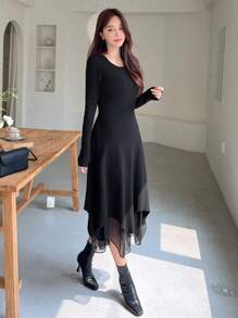 DAZY Chất rắn Lưới tương phản Đầm Áo len - màu đen - Xem 7