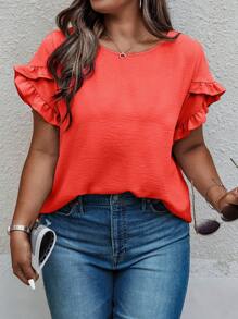 SHEIN LUNE Plus Ruffle Trim Blouse - Orange - View 1