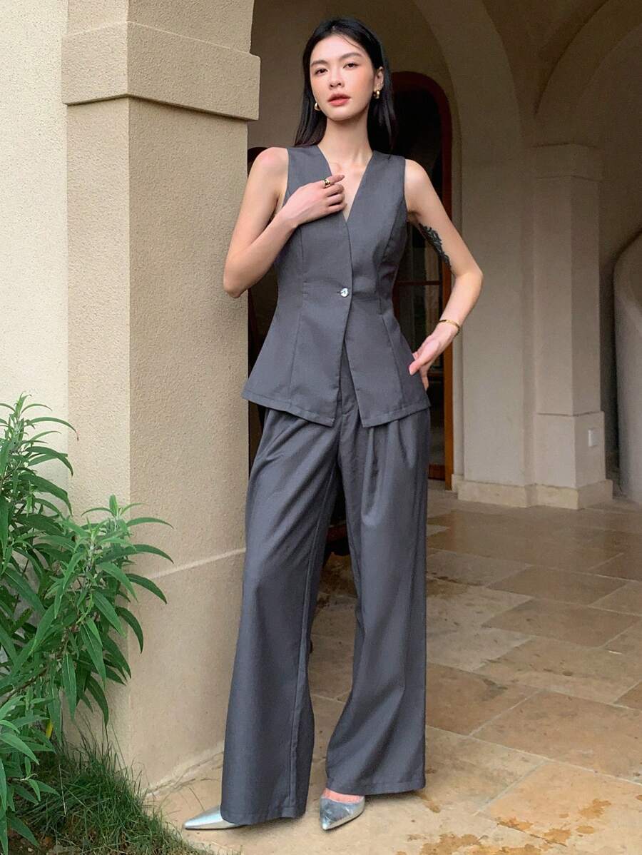DAZY Solid Button Front Vest Blazer & Wide Leg Trousers - Grey - View 1