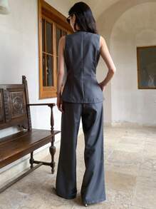 DAZY Solid Button Front Vest Blazer & Wide Leg Trousers - Grey - View 2