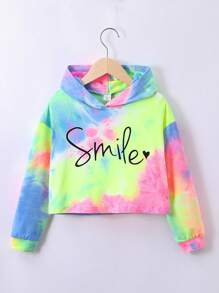 SHEIN Sparklyn Tween Girl Tie Dye Letter Graphic Hooded Crop Sweatshirt - Multicolor - View 1