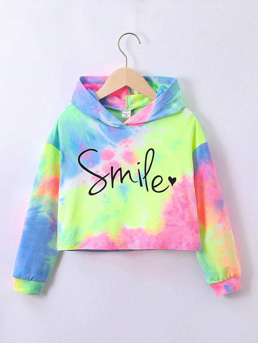 SHEIN Sparklyn Tween Girl Tie Dye Letter Graphic Hooded Crop Sweatshirt - Multicolor - View 1