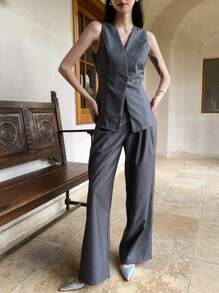 DAZY Solid Button Front Vest Blazer & Wide Leg Trousers - Grey - View 6