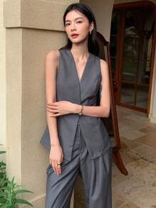 DAZY Solid Button Front Vest Blazer & Wide Leg Trousers - Grey - View 7