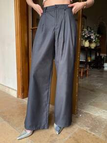 DAZY Solid Button Front Vest Blazer & Wide Leg Trousers - Grey - View 8