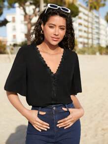 SHEIN Frenchy Contrast Lace Trim Butterfly Sleeve Blouse - Black - View 1